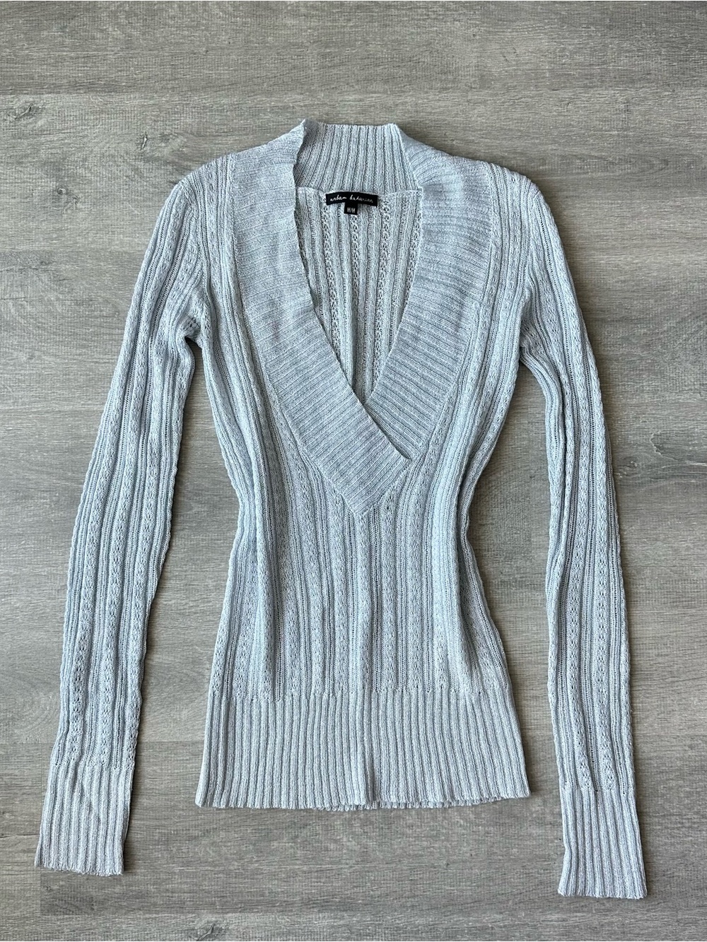 Urban Behaviour Grey and sliver Ribbon Cable-Knit V-Neck Sweater